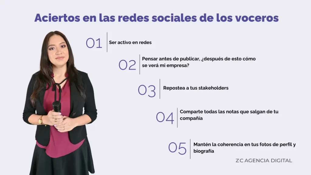 Voceros y redes sociales: consejos para tomar en cuenta 3 Las redes sociales son muy importantes para los voceros, ya que favorecen a su exposición mediática. Para que esto suceda correctamente, te dejamos algunos consejos.